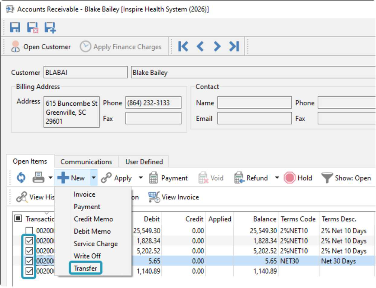 Spire 4.0 Accounts Receivable screen showing the new contra entry option