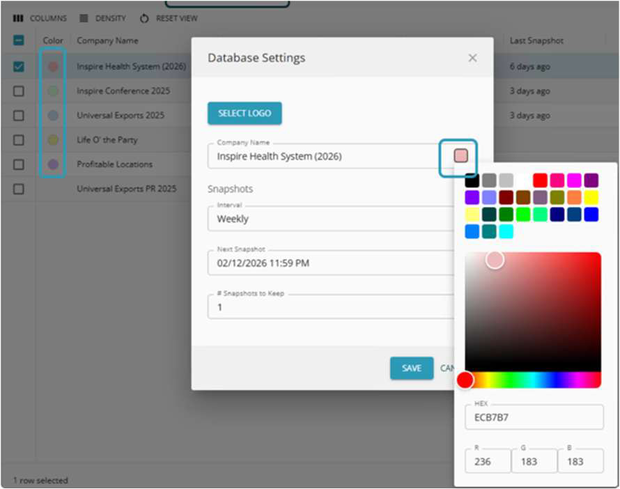 Spire 4.0 Database Settings with company colour picker